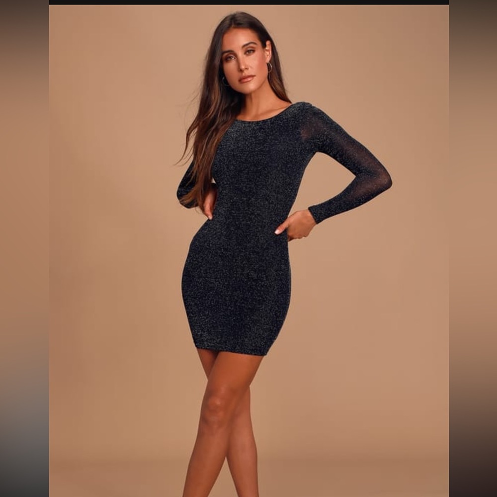 Lulu’s gift of love black and silver backless long sleeve bodycon dress